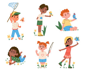 Happy boys and girls kids cartoon characters enjoying springtime fun activity isolated set