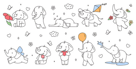 Playful elephant kawaii baby animal character set for greeting cards and invitation design