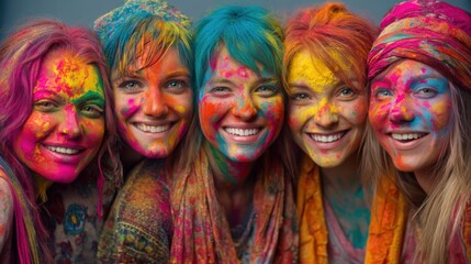 Group of Joyful Women Covered in Holi Powder Celebrating Together
