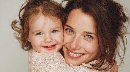 Smiling Toddler Embraced by Smiling Woman in a Close-Up Portrait