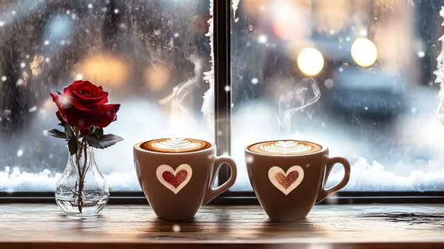 Romantic winter scene: Two steaming coffee cups with heart designs, a red rose in a vase, sit on a windowsill overlooking a snowy street at night, symbolizing warmth, love, and cozy winter feelings