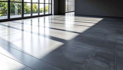 Fototapeta premium Smooth concrete floor lit by natural window light, casting a hard-edged shadow creating a dual-toned contrast between light and slate