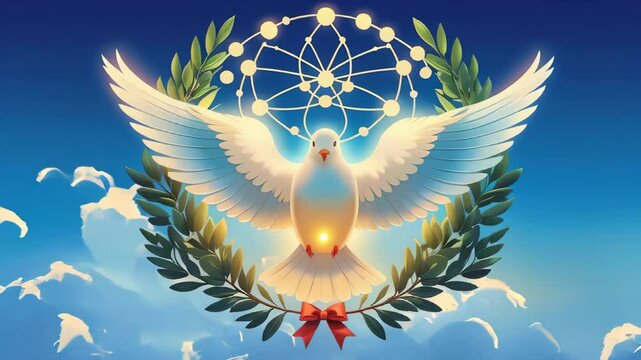 A vibrant and powerful illustration commemorating the International Day for the Total Elimination of Nuclear Weapons, set against a bright blue sky with fluffy white clouds, symbolizing hope and peace