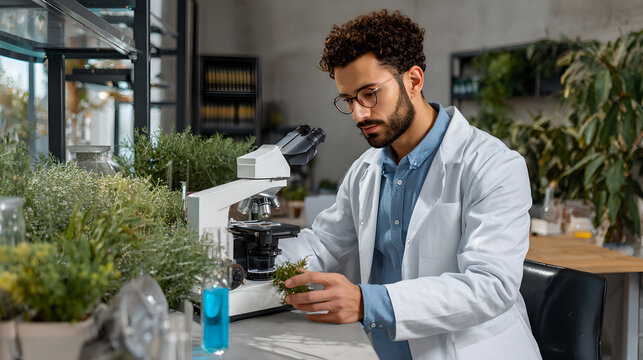 Biologist or Ecologist Studying Plant Samples in a Modern Laboratory