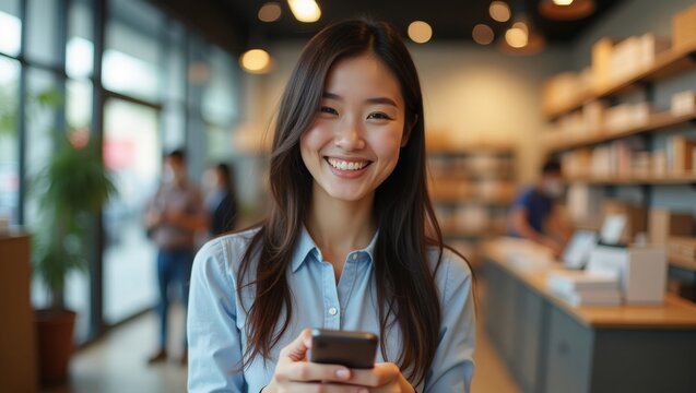 Smiling young Asian woman holding smartphone in modern cafe or office space with warm bokeh lighting and blurred background of people working - Powered by Adobe