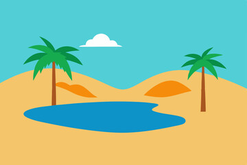 Obraz premium Oasis in the Desert Palm Trees, Sand Dunes, and a Serene Blue Lagoon