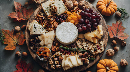 An autumnal charcuterie board showcasing a variety of cheeses nuts fruits and other seasonal delicacies