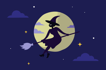 Black illustration of a witch flying on a broom across the Halloween night sky with bats and a spooky moon