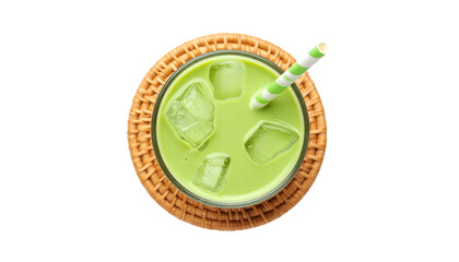 Iced matcha latte with pastel straw on sustainable coaster, studio view, top-down isolated on solid white background Png 