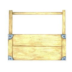 Yellow wooden toolbox with gray corner brackets shown from the side in a watercolor clipart. Perfect for tool-related branding, carpentry printables, DIY blog elements, or workshop signage