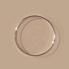 Empty glass petri dish, top view flat lay on a neutral beige background. 3d rendering science, laboratory, research, or cosmetic concept.