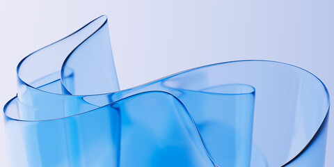 Elegant translucent blue glass or plastic curve sheets flowing dynamic abstract composition. Blue gradient wave design element 3d rendering for innovative futuristic concept background.