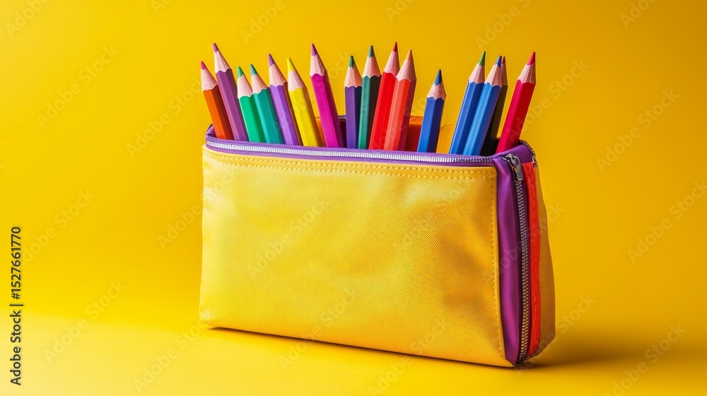 Poster yellow pencil case with colorful zippers displays an array of vibrant pencils, set against a bright 