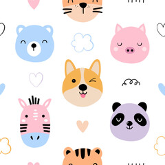 Seamless childish pattern with cute animal faces. Creative kids forest texture for fabric, wrapping, textile, wallpaper, apparel. Vector illustration	