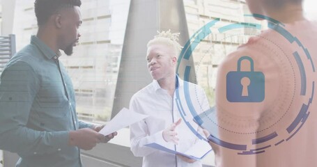 Man holding docs causing floating padlock animation as team reviewing IT security data on terrace - Powered by Adobe