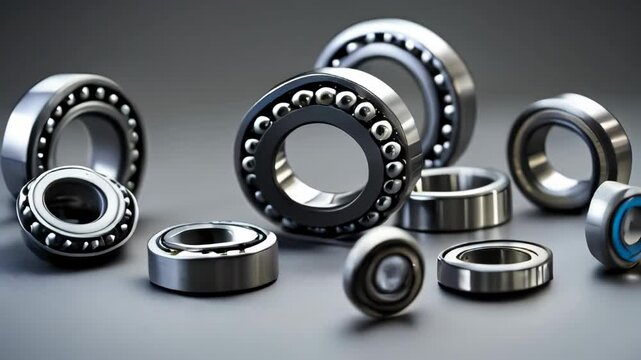 Close-up of axial chrome-plated deep groove ball and roller bearings on a gray background, engineered for heavy machinery and mechanical precision
