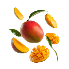 Floating mango pieces and whole mango isolated on transparent background