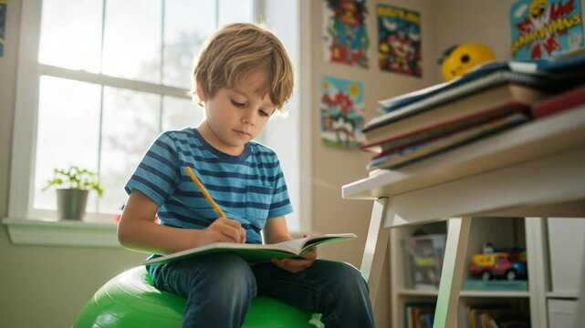 Boy with ADHD Bouncing on Yoga Ball Chair While Doing Homework, Focus and Energy Management