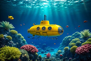 Yellow submarine exploring underwater coral reef with tropical fish in vibrant ocean scene

