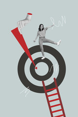 Template pop collage of person stand dance above aim ladder on grey background