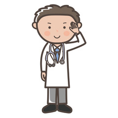 敬礼ポーズで挨拶する男性医師の全身イラスト