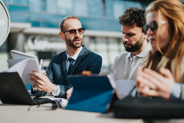 Three people discussing work-related matters during an outdoor meeting in a professional setting. The photograph captures a modern collaboration scene with documents and technology.