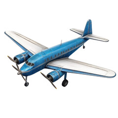 Vintage blue airplane model displayed on a white background during daylight hours in a clear setting