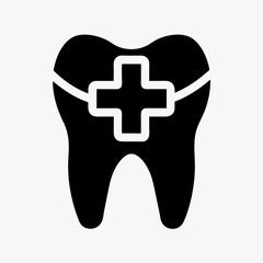 Obraz premium Dental health icon with tooth silhouette and medical cross symbol in black and white 
