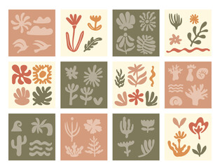 Groovy summer prints with tropical vacation design elements, exotic nature decoration and ornate