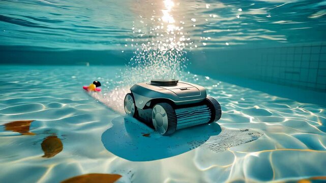 Watch a robotic pool cleaner autonomously cleaning the bottom surface of a swimming pool