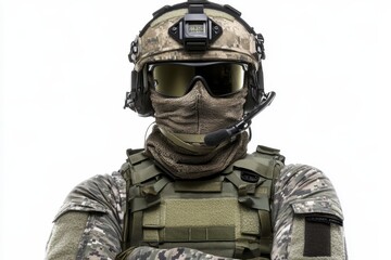 Tactical soldier in camouflage uniform with helmet and headset isolated on white background