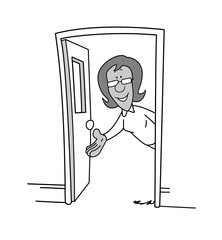 Cartoon woman in sunglasses peeking from doorway