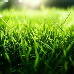 Vibrant close-up of lush green grass texture. Summer nature background and eco-themed projects.
