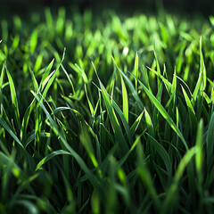 Vibrant close-up of lush green grass texture. Summer nature background and eco-themed projects.