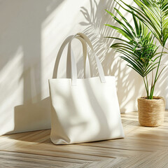 Stylish minimalist mockup with blank white tote bag on a cozy wooden floor with trendy potted plant bathed in soft natural light. Eco-friendly designs, branding, or artwork	