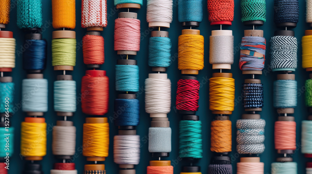 Poster colorful spools of thread arranged in rows create vibrant pattern against blue background, showcasin