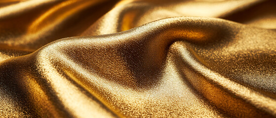 Close-up of luxurious silk golden fabric with a smooth, wavy  texture and a glossy, shimmering surface, illuminated by soft, warm lighting, exuding elegance and richness.