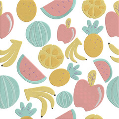 Fun Tropical Fruit Embroidered Seamless Pattern on Black Background