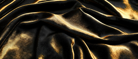 Close-up of dark velvet fabric with deep folds, sprinkled with gold shimmering dust that reflects light. The texture is smooth and shiny. Abstract background.
