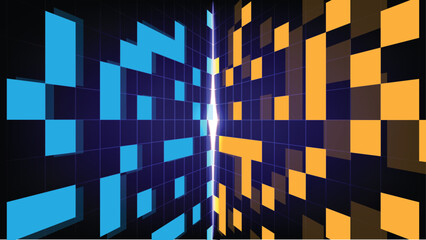 Abstract Pixelated Divide Blue and Gold Rectangular Blocks with Central Light
