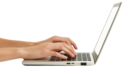 Close-up of hands typing on laptop keyboard isolated on white background