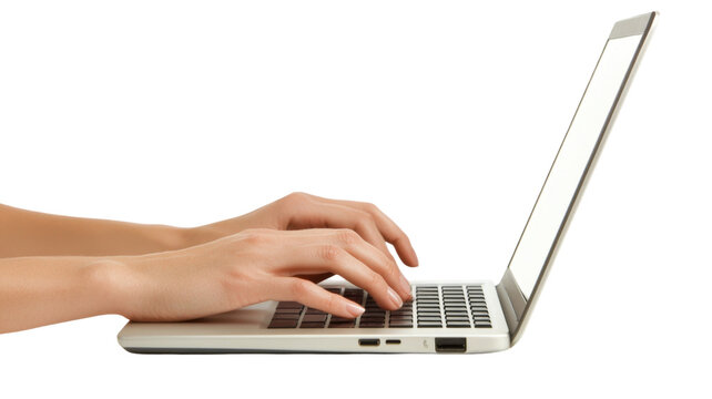 Close-up of hands typing on laptop keyboard isolated on white background