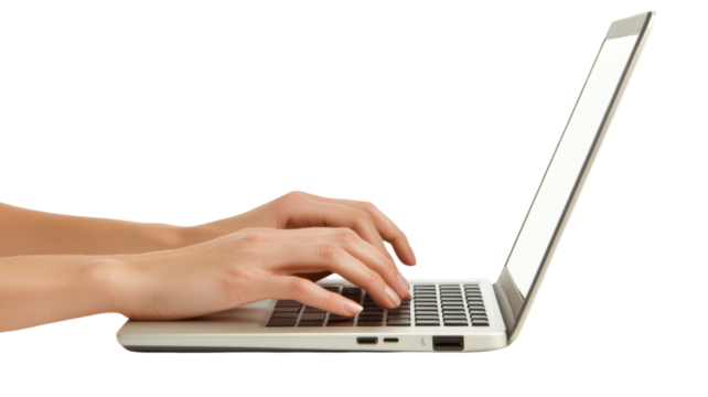 Close-up of hands typing on laptop keyboard isolated on white background