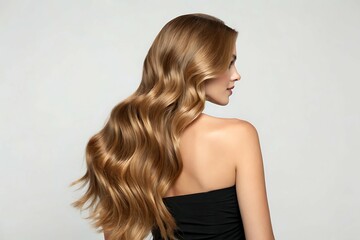 One brown-haired woman, a model with long hair, shows her back, profile, and face, highlighting her beauty, glamour, and healthy skin