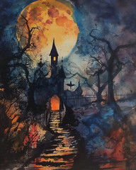 Watercolor Painting of Trending Halloween Scene with a castle, Organic Textures and Artistic Composition. Generative AI
