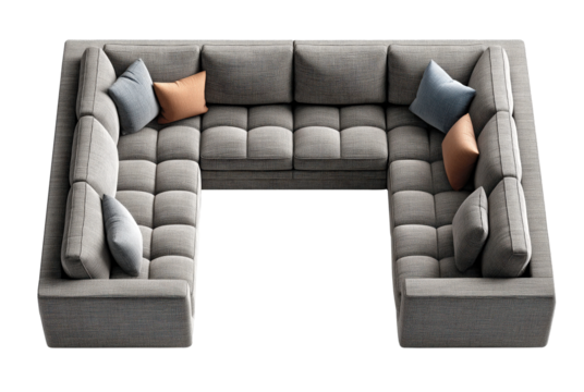 Top View of Modern U-Shaped Sectional Sofa with Cushions Isolated on Black