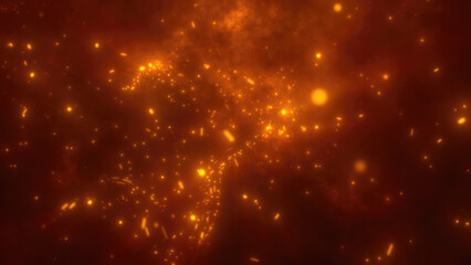 A dark, glowing cosmic-inspired backdrop featuring orange light sparks and a dreamy, swirling mist-like effect background