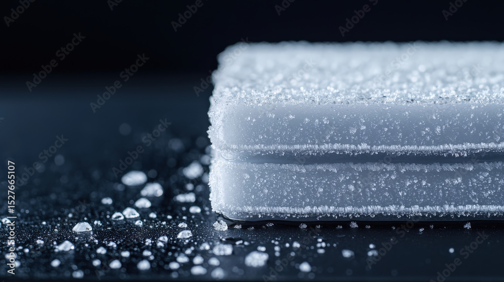 Poster Frost covered ice cubes stacked on dark surface, with scattered ice crystals creating cold, refreshing atmosphere. close up view highlights texture and detail of frost