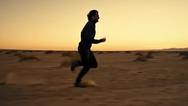 Determined runner sprinting across a desert at sunset in dramatic silhouette