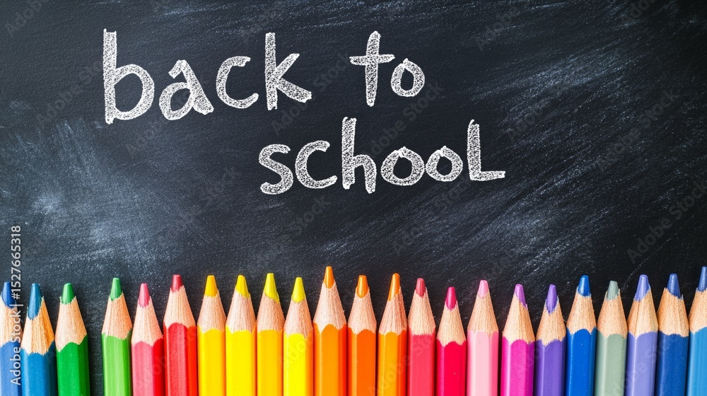 Poster colorful pencils are arranged neatly at the bottom of a blackboard with the phrase back to school wr